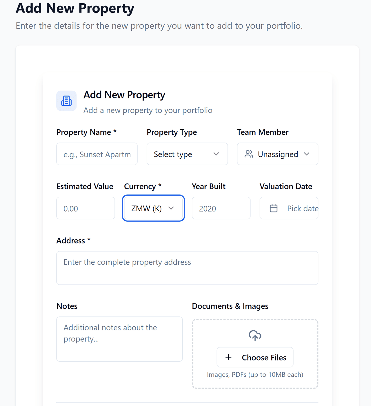 Add Property Interface - Easy property creation form