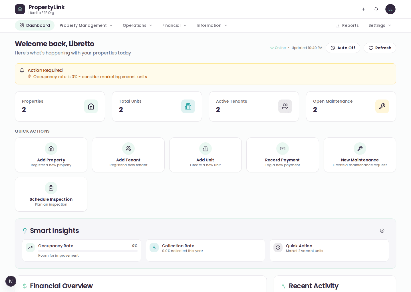 PropertyLink dashboard overview