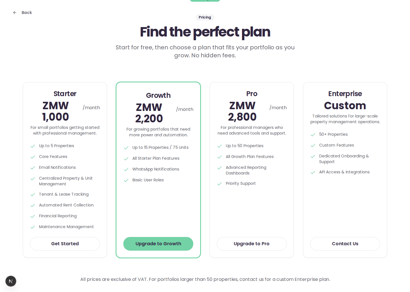 PropertyLink pricing page