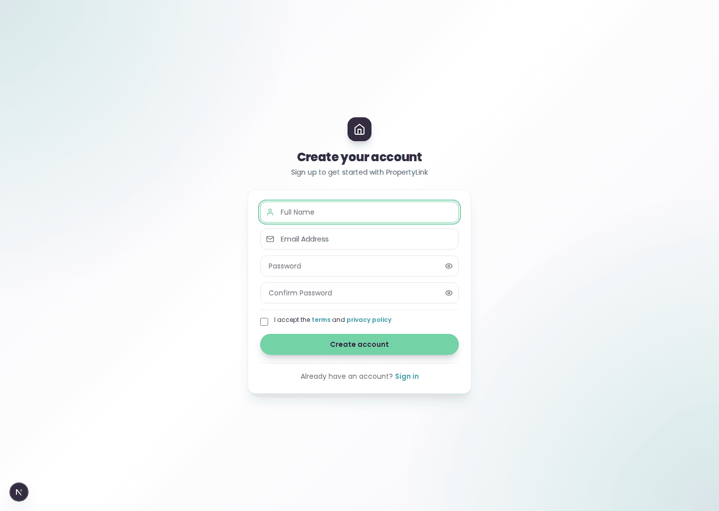PropertyLink signup page